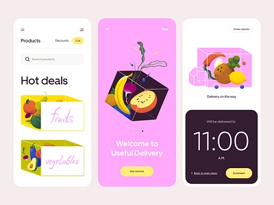 Fruits & Vegetables Delivery - Mobile App Design colors delivery app delivery app design delivery service food app food delivery illustration illustration art illustrator mobile app mobile app design mobile design ui ui design