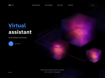 Vir.Pro - Web Design with 3D for Virtual assistant 3d 3d cube 3d design ai artificial artificial intelligence colors dark mode gradient ui ui design virtual assistant virtual helper web web design