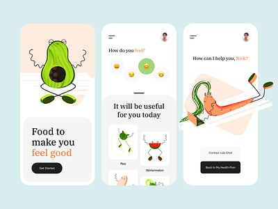 Healthy Food - Mobile App with Illustrations animation colors food fruits fun health app healthy food illustration illustrator meal mobile app mobile app design track ui vegetables wealthy