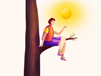 Illustration - Holding the Sun blue blue and yellow children girl happy illustration moon motion motion animation sun tree