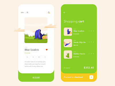 Mobile app - Shoes E-commerce animation app clean colors design illustration minimal mobile ui ux