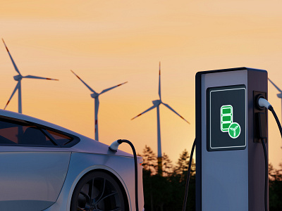 Sustainable energy concepts - EV charging station & wind turbine car electric green energy