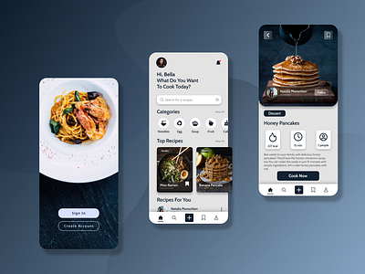 CookPedia Mobile App Concept brand branding dark design drink figma food foodrecipes graphic design light lightmood mobileapp noodles pancakes recipes restaurant uidesign ux uxdesign