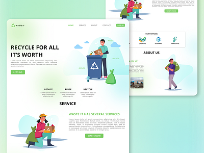 Exploration - Waste It Website blue cartoon daur ulang designwaste green hainafi illustration landing page mobile plastic recycle reduce reuse sampah trash typography ui uiux ux website