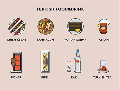 Turkish Food & Drink ayran design doner drink food graphic design illustration illustrator lahmacun raki shish kebab turkish turkish tea yaprak sarma
