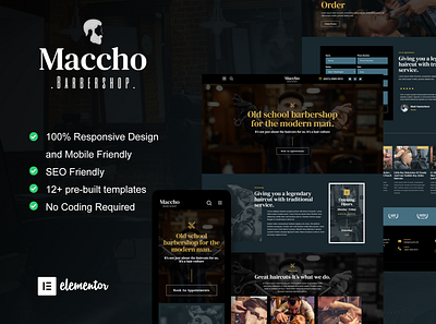 Maccho - Design for Barbershop with Classic Style barbershop branding design elementor illustration ui website wordpress