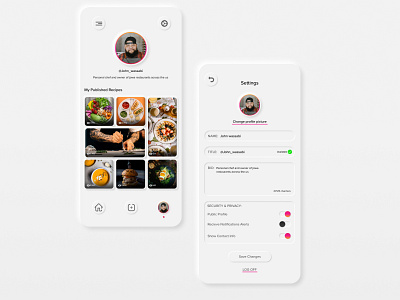 Profile page and Settings page - dailyui006 and dailyui007 dailyui dailyui006 dailyui007 dailyuichallenge food food app neumorphic neumorphism profile profile design profile page settings settings ui settingspage softui