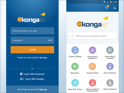 KongaEZ UI e-commerce home screen landing login shopping signup