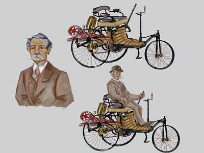 Karl Benz and the first automobile car design digital historic history illustration machine painting people people illustration retro design