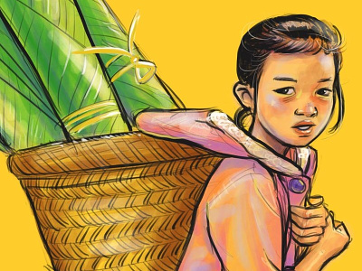 Lao Girl with Banana Leaf basket illustration lao procreate app