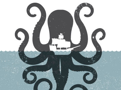 Kraken airtype boat illustration kraken octopus overprint pirate pirate ship ship water