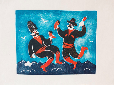 Georgian dancers blockprint georgia handprinted illustration lino linocut pirosmani