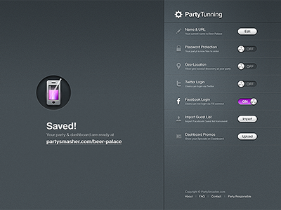 PartySmasher / Settings dashboard app application b2c dashboard drink gamification party settings system ui ux web webdesign