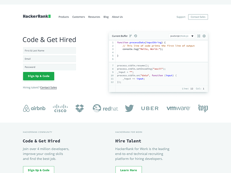 New HackerRank.com design developers hackerrank hiring homepage startup ui web ycombinator