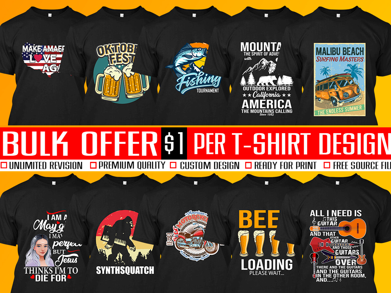 I will do create bulk t shirt design and custom t shirt design by