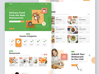 Food Delivery Landing Page UI Design categories concept contact delivery features food green header landing page properties resturant ui