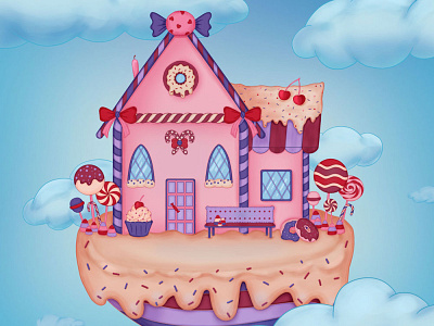 Candy House architecture blue cake candy candy house cherry clouds concept digital 2d digital art donut flat house illustration illustrator lollipop pink sky sweet sweetmeats