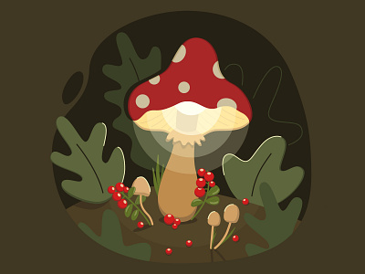 Amanita amanita art berry cowberry cranberry design flat fly agaric fungus graphic design illustration illustrator landscape leaves light mushroom nature night vector