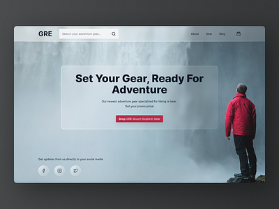 Adventure Gear Shop Landing Page Design Concept adventure concept design exploration gear glassmorphism landing page design minimal nature red shop uiux website