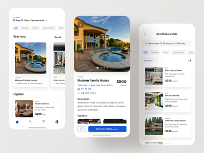 Real Estate, Property Rent App app application blue clean concept design exploration home hotel minimal mobile modern property realestate rental ux