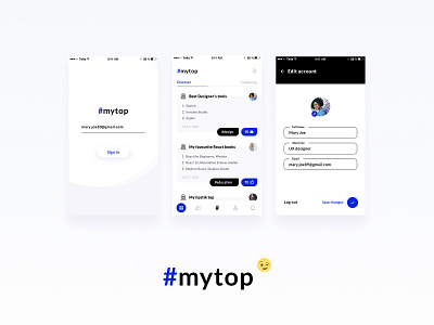 #myTop app list login onboarding profile sign in top ui ux design