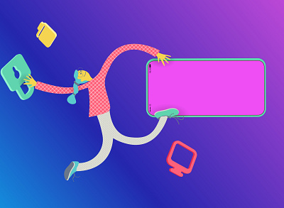 A girl with plasticine legs flies in space with a mobile phone branding design illustration logo vector website