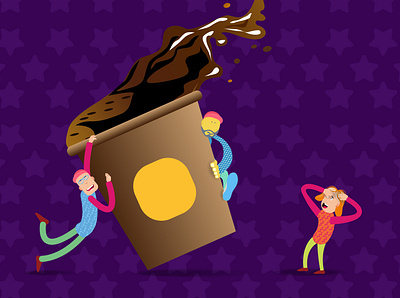 A cup from which coffee is poured out and cartoon men on it branding design illustration logo vector web website