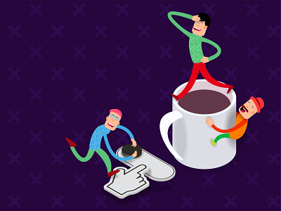 Cartoon men climbed on a coffee mug branding design illustration logo vector web website