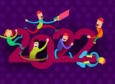Cartoon men jump on huge numbers 2022 2022 branding design illustration logo vector website