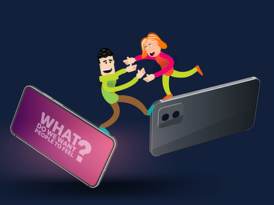 Cartoon man and woman hug standing on mobile phones