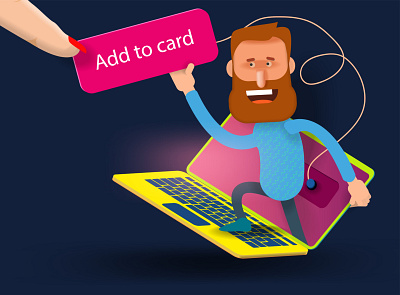 A bearded man climbs out of a laptop screen with an add to card branding design illustration logo vector web website