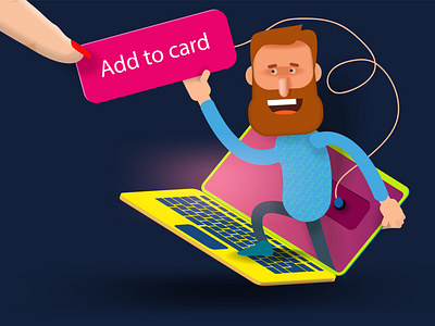 A bearded man climbs out of a laptop screen with an add to card