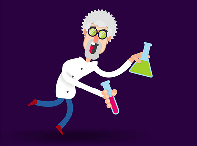 A crazy professor in a white coat falls with beakers in his hand cartoon people design doctor illustration vector website