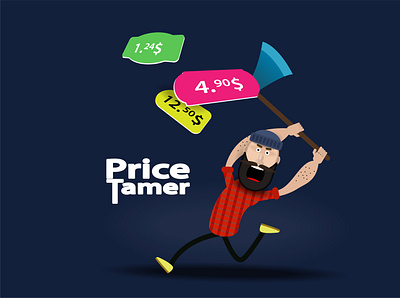 A woodcutter with an axe cuts price tags for goods branding design illustration logo vector website woodcutter