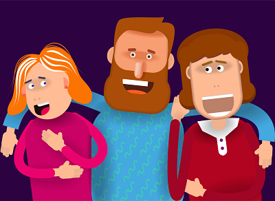 The father of a family with a beard hugs his wife and daughter cartoon design illustration logo people vector website
