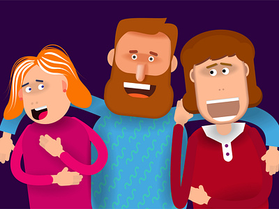 The father of a family with a beard hugs his wife and daughter cartoon design illustration logo people vector website