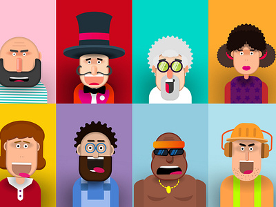 Cartoon characters' faces on a colored background