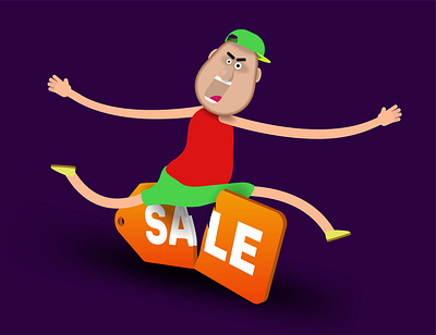 Cartoon man in a green cap jumps over the price tag cartoon design illustration people price sale tag vector