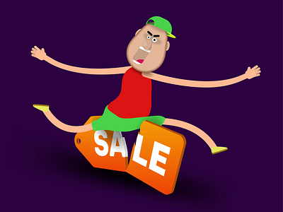 Cartoon man in a green cap jumps over the price tag