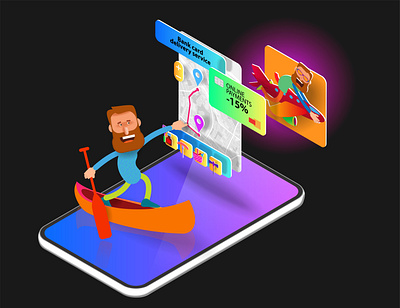 A cartoon man in a boat on a mobile phone screen cartoon design icon interface mobile people ui web