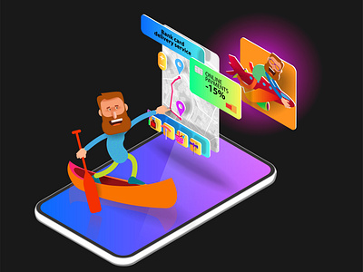 A cartoon man in a boat on a mobile phone screen