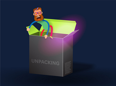 Cartoon bearded man climbs out of a black box archive cartoon graphic design motion graphics packing people unpacking zip