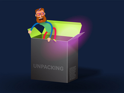 Cartoon bearded man climbs out of a black box