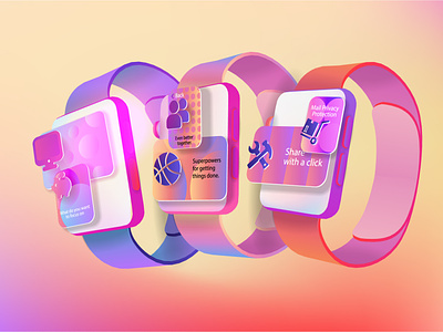 Three pairs of smart watches with a colorful interface in space landing