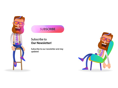 Web icons with a cartoon bearded man sitting on a chair and a su influencer