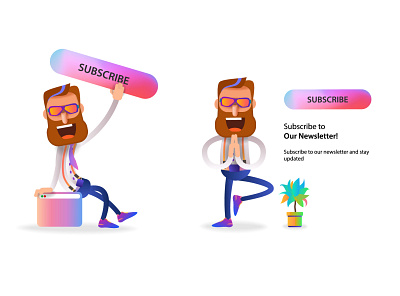 Web icons with a cartoon bearded man and a subscribe button influencer