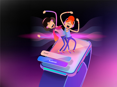 Two cartoon girls dancing on the screen of a smart watch gymnastics