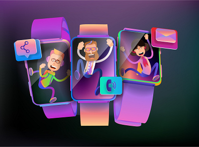 Cartoon men climb out of the screens of smart watches time