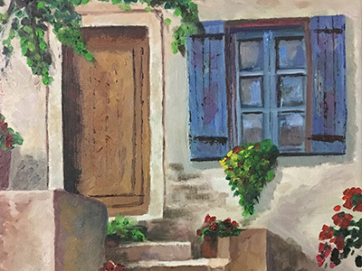 Oil Painting - Old door with flowers