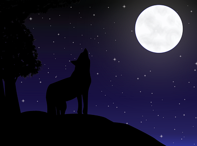 The Wolf and the Moon adobe illustrator art digital illustration digitalart illustration moon moonlight silhouette star starynight vector art wolf moon moonlight